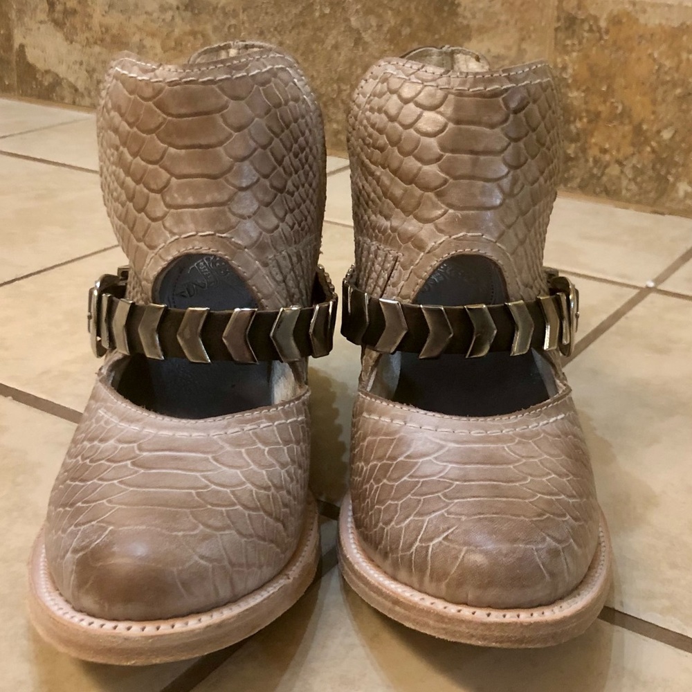 Freebird by Steven Taupe Snake Print Ankle Boots